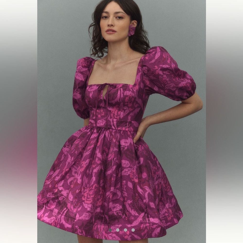 BHLDN Chloe Puff-Sleeve Square-Neck Jacquard Mini Dress